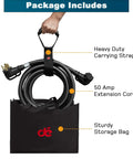 Heavy Duty 50 Amp RV And EV Extension Cord 15 Feet With Grip Handle 6/3+8/1 AWG Wire NEMA 14-50P To 14-50R shown with storage bag