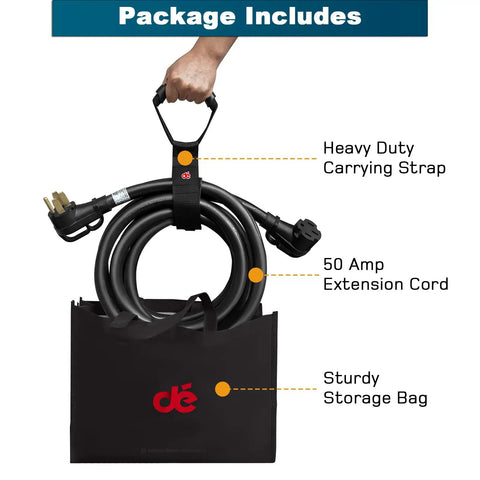 Heavy Duty 50 Amp RV And EV Extension Cord 15 Feet With Grip Handle 6/3+8/1 AWG Wire NEMA 14-50P To 14-50R shown with storage bag