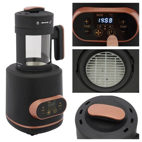 Electric Coffee Bean Roaster Machine With Programmable Temperature Settings Led Display And Measuring Cup For Fresh Home Roasting That Hits Different Every Single Time, with control panel and glass chamber.