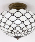 Tiffany Style Cream Amber Stained Glass Ceiling Light Fixture 12 Inch Semi Flush Mount With Antique Green Bronze Base And 11 Inch Height, 16 Inch Hardwired Cord, Bead Glass Accent, LED Ready, Eye Catching Dining And Hallway Lighting