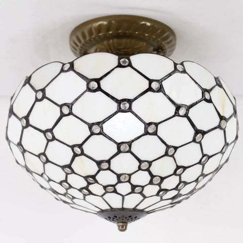 Tiffany Style Cream Amber Stained Glass Ceiling Light Fixture 12 Inch Semi Flush Mount With Antique Green Bronze Base And 11 Inch Height, 16 Inch Hardwired Cord, Bead Glass Accent, LED Ready, Eye Catching Dining And Hallway Lighting