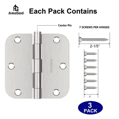 Brushed Nickel Door Hinges 3-Pack 3.5 Inch Interior Hinges 5/8" Radius Rounded Corners with Screws shown with measurements