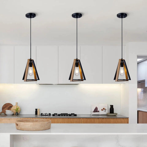 Farmhouse Pendant Light Kit Two Pack with Adjustable Hanging Lights for Kitchen Island Black and Wood Rustic Fixture installation view