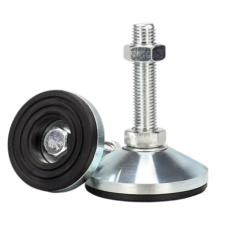 Rock Solid Heavy Duty Lathe Feet With Anti Skid Base Fixed Adjustable Legs And Articulated Leveling Feet For Secure Ground Contact And Easy Multi Directional Height Tuning In Daily Use, steel and rubber construction, close-up view of two leveling feet showing anti-skid base and threaded metal stem.