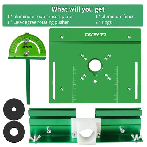 Heavy Duty Aluminum Router Table Insert Plate With Precise Cnc Milled Smooth Surface And Clear Laser Etched Scale Marks, green components included.