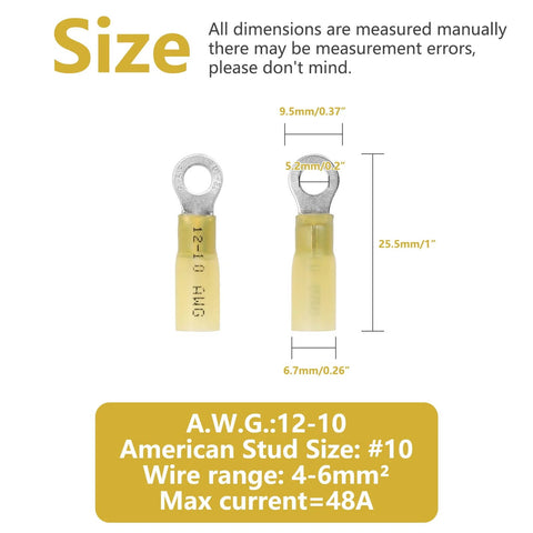 Front view of yellow insulated heat-shrink ring terminals for 12-10 AWG wire (marine-grade eyelet connectors, 100 pcs)