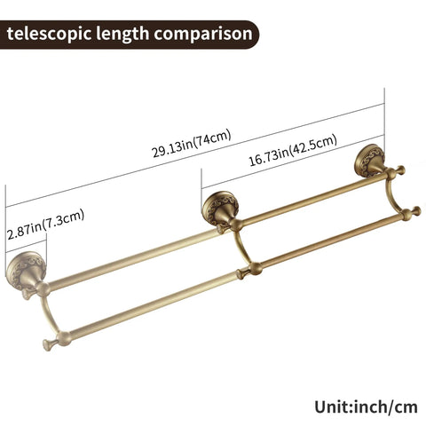 Antique Brass Adjustable Double Towel Bar Wall Mount Rack For Bathroom, Retractable Towel Holder With Space Saving Design, dimensions shown