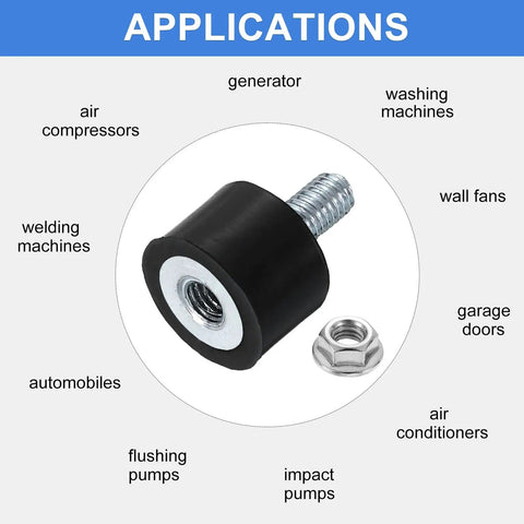 M5 Rubber Mounts 8Pcs 15x10mm Anti Vibration Isolators shown with lock nut, suitable for generators, compressors, fans, and washing machines