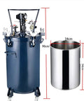 Heavy Duty Workhorse 15.8 Gallon Pressure Paint Pot Featuring Automatic Air Agitator And Corrosion Proof 304 Stainless Steel Liner shown in blue with measurements.