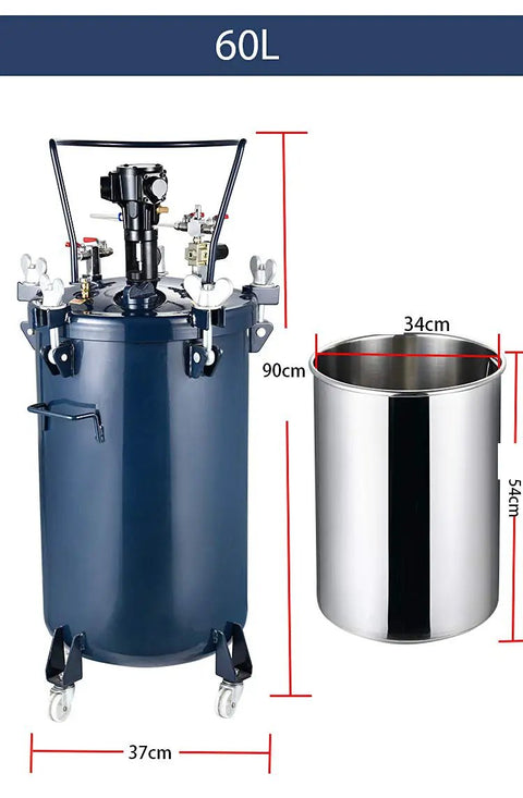 Heavy Duty Workhorse 15.8 Gallon Pressure Paint Pot Featuring Automatic Air Agitator And Corrosion Proof 304 Stainless Steel Liner shown in blue with measurements.