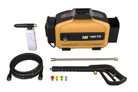 Electric Pressure Washer 1800 PSI 2 GPM With Foam Cannon, Quick Release Gun, Nozzle Lance And High Pressure Hose displayed together.