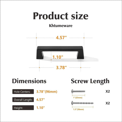 Product size diagram for 20 Pack Matte Black Cabinet Pulls Center To Center Three And Quarters Inches With Four Point Four Inch Overall Length.