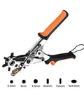 Heavy Duty Leather Hole Punch Tool, 3 In 1 with rotating punch head and 6 hole sizes, 250mm steel, drop-forged durability, shown with hole sizes
