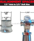 Right Hand Thread 1/2 Inch Heim Joint Rod End Kit For 1 Inch OD Chromoly With Jam Nut Bung And Spacers For Suspension And Steering UTV Rock Crawler Hot Rod Johnny Joint. Misalignment spacer 1/2 to 3/8 bolt, 0.500 OD and 0.375 ID shown
