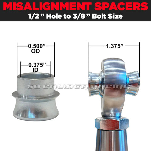 Right Hand Thread 1/2 Inch Heim Joint Rod End Kit For 1 Inch OD Chromoly With Jam Nut Bung And Spacers For Suspension And Steering UTV Rock Crawler Hot Rod Johnny Joint. Misalignment spacer 1/2 to 3/8 bolt, 0.500 OD and 0.375 ID shown