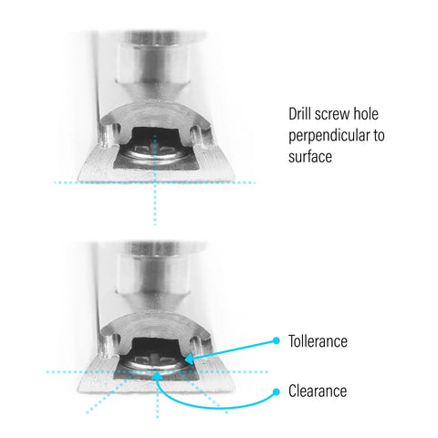 Close-up of 4 Inch Surface Bolt Lock in Classic Bronze Finish showing drill hole alignment and mount clearance details.