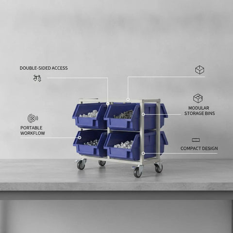 Double Sided PP Plastic Bin Storage Rack With Louvered Hooks for small parts organization on workbench, portable design.