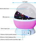 Pink Star Projector Night Light with removable dome, HD projector, USB power input, controls for rotation and lighting effects.