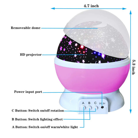Pink Star Projector Night Light with removable dome, HD projector, USB power input, controls for rotation and lighting effects.