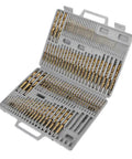 Professional 115 Piece Titanium Coated Drill Bit Set Round Shank displayed in gray case, suitable for stainless steel, wood, and metal work.