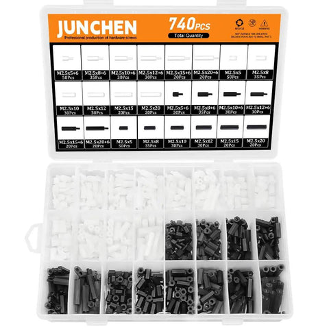Nylon Hex Spacers And Standoffs Kit All In One, 740 Pieces Black And White M2.5 Assortment for PCBs and UAVs in organizer box