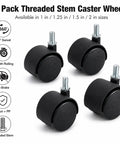 Four Pack Threaded Stem Caster Wheels With 360 Degree Swivel Twin Rollers And No Brakes, 1 inch nylon casters for smooth mobility.