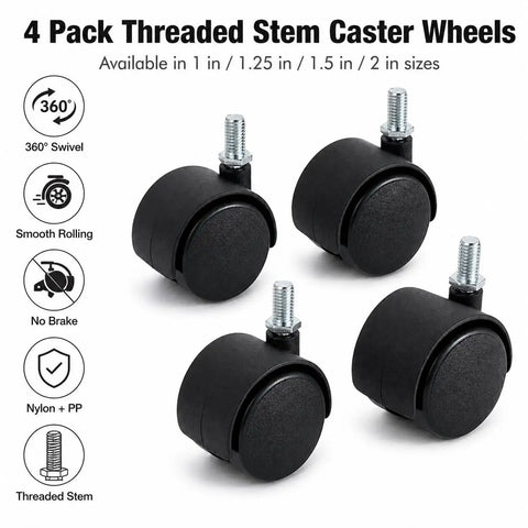Four Pack Threaded Stem Caster Wheels With 360 Degree Swivel Twin Rollers And No Brakes, 1 inch nylon casters for smooth mobility.