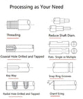 Diagram showing processing options: threading, reducing shaft diameter, drilling, key way, snap ring grooves, chamfering.