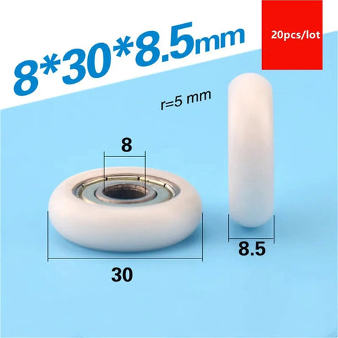 20pcs Circular Arc Plastic Coated 608ZZ Bearings, 8x30x8.5mm white nylon pulleys for smooth motion and rust-proof performance.