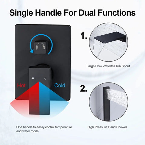 Roman Tub Filler Faucet With Waterfall Spout, Wall Mounted Single Handle Bathtub Shower Kit With Hand Shower, matte black control