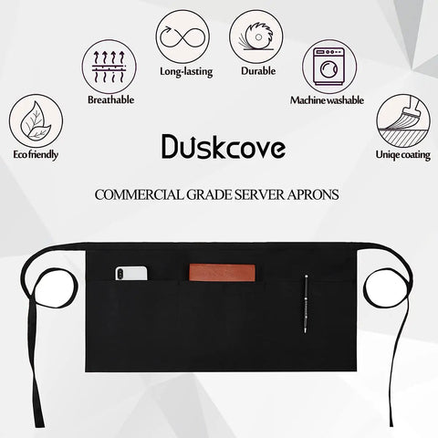 12 Pack Server Aprons With 3 Pockets For Waitstaff, Water Resistant Half Aprons shown with phone and pen in pockets