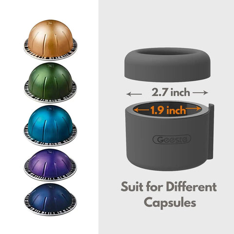Refill Kit For Nespresso VertuoLine Pods With Reusable Capsule Holder, 80 Foil Seals, Brush, And Scoop - Capsule sizes and colors.