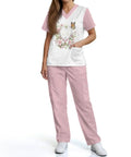 Stethoscope Teeth Print Scrubs Set for Women Pink Pants 2 Piece Nursing Uniform Featuring V Neck Top and Straight Leg Pants