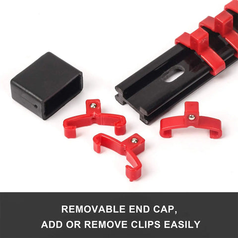 Close-up of Portable ABS Socket Clip Rail Organizer showing red clips and black removable end cap with text description.