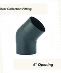 Built Tough As Nails 4 Inch Outside Diameter 45 Degree Elbow Dust Collection Fitting in black plastic for woodworking ventilation.