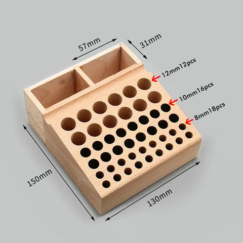 Leather Tool Holder With 48 Holes Wooden Craft Tool Stand Beech Wood Rack Organizer showing hole sizes and dimensions