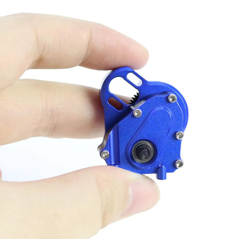 Overdriven Billet Transmission Gearbox for 1/24 RC Crawler Upgrades with Titanium Finish in hand, CNC Machined Aluminum Case detail