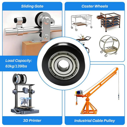Rock Solid Four Piece Heavy Duty U Groove Pulleys Featuring Durable Pom Plastic Rails And No Sweat Drawer Glide Action With Precision Ball Bearings For Cabinet Hardware, close-up of a pulley with integrated ball bearing.