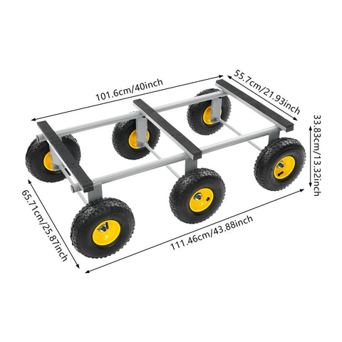 Six Wheel All Terrain Dolly With Six 10 Inch Pneumatic Tires For Outdoor Furniture Moving Heavy Duty Home Use Rolls Smoothly Across Grass Gravel And Uneven Surfaces 40 By 22 Inches Gray, angled view
