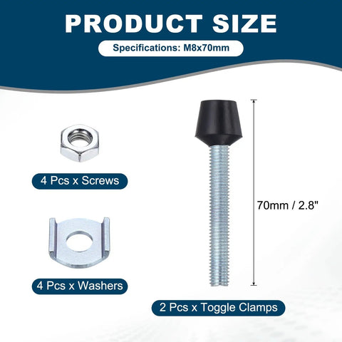 Two Pack Rubber Head Toggle Clamps M8x70mm Carbon Steel Zinc Plated For Boxes, Cabinets, And Doors Includes Screws And Washers Built Tough For Quick Install And Secure Hold. M8x70mm clamp parts with screws and washers