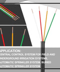 Pro Grade Sprinkler System Wire 18 Gauge Irrigation Cable With UV Resistant PVC Jacket For Underground Installations And Central Control UL Listed 30V 100 Ft showing color-coded conductors.