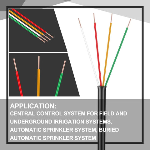 Pro Grade Sprinkler System Wire 18 Gauge Irrigation Cable With UV Resistant PVC Jacket For Underground Installations And Central Control UL Listed 30V 100 Ft showing color-coded conductors.