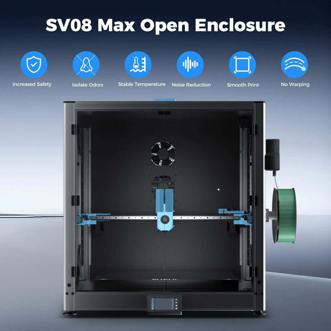 Front view of Metal And Tempered Glass Open Enclosure With Drag Chain And Filter Fan For SV08 Max 3D Printer Stable Temperature