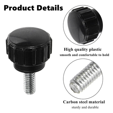Image of a knurled knob screw with carbon steel material and high-quality plastic, part of the 100 Pack Thumb Screws Set, 4 X 10 Mm.