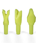 Three yellow plastic nocks for arrows, curved design shown. 12 Pack Arrow Nocks With 6.2mm Inside Diameter Plastic Insert Nocks For Archery Hunting Curved Yellow Design Built For Fast Shooting And Year Round Durability.