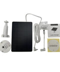 3W Outdoor Solar Panel Charger for Ring Spotlight Cam and Stick Up Cam Pro, includes cables, mount, and manual, flat lay view.