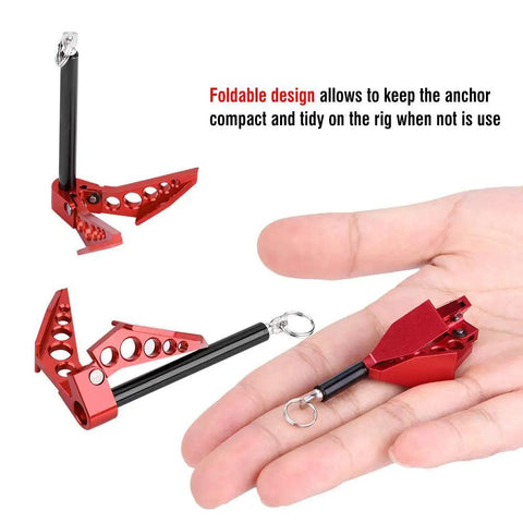 Metal Foldable Earth Anchor Winch For 1/10 RC Crawlers shown on hand, compact design, red and black, ground grip tool for RC cars