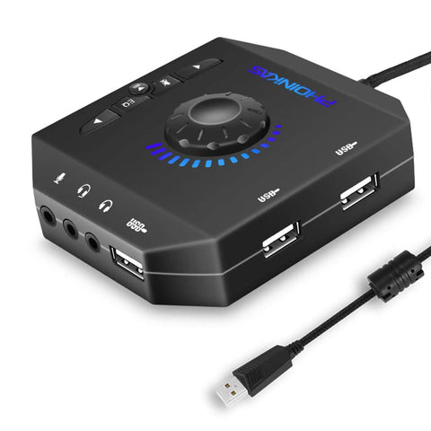 External USB Sound Card 7.1 Channel Audio Adapter With 3.5mm Interface And USB For PC And Laptop, Multi Port Audio Card Lets You Connect Headphones Microphones And Speakers At Once, featuring multiple USB and 3.5mm ports.