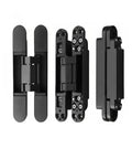 3 Pack Black Concealed Hinges For Invisible Secret Doors Heavy Duty Steel Hidden Hardware showing smooth surfaces and mounting holes.