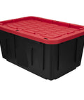 Heavy Duty 27 Gallon Storage Bin 2 Pack Large Plastic Container With Secure Snap On Lid in black with red lid overview.